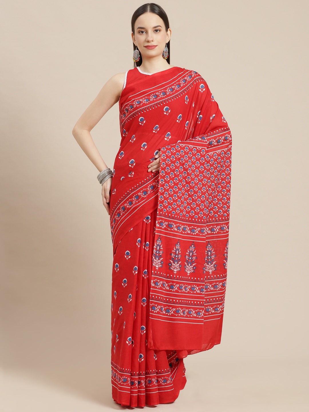 

mokshi Red Floral Pure Cotton Saree
