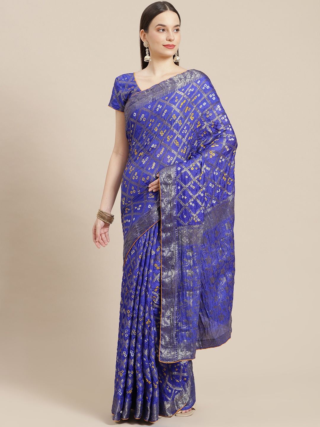 

mokshi Blue & Gold-Toned Bandhani Zari Pure Silk Bandhani Saree