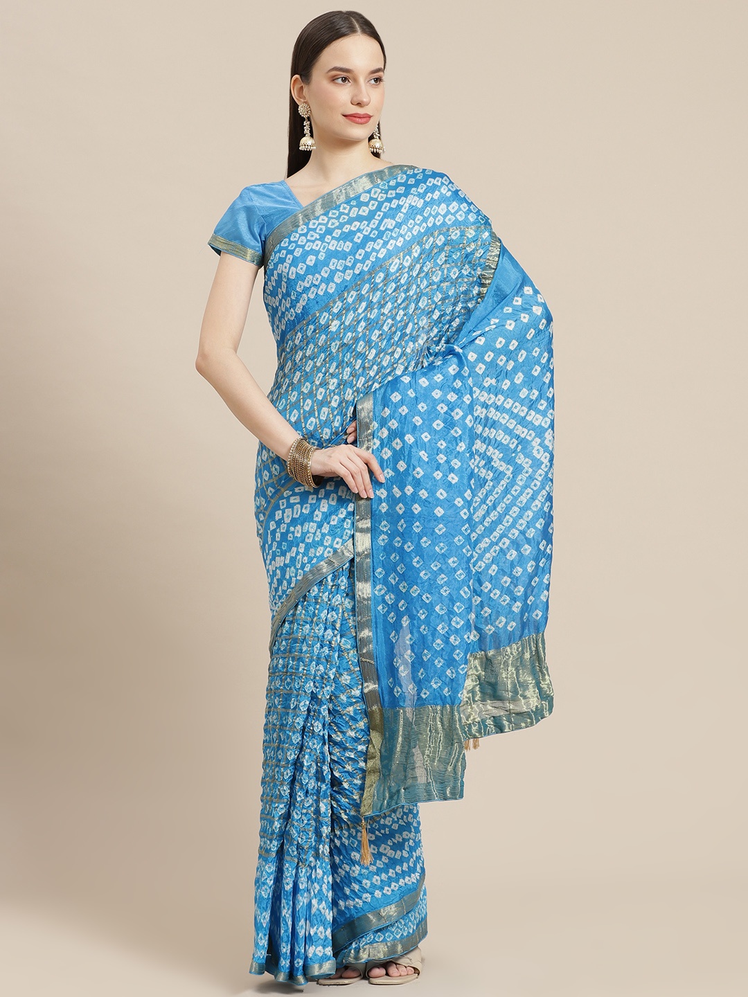 

mokshi Blue & White Bandhani Zari Pure Silk Bandhani Saree