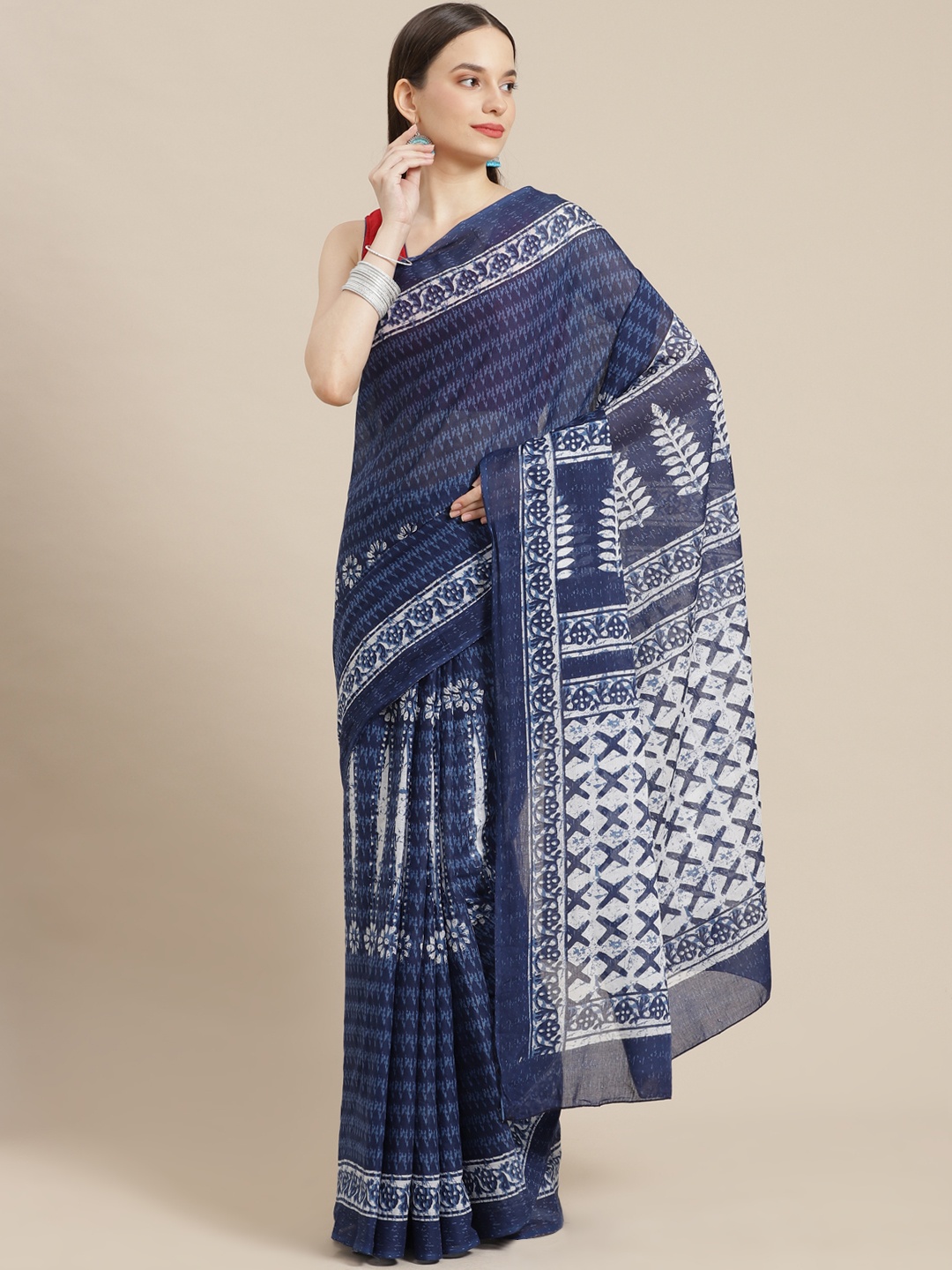 

mokshi Blue & Red Pure Cotton Saree