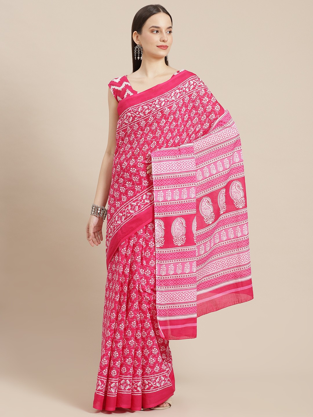 

mokshi Pink & White Pure Cotton Saree