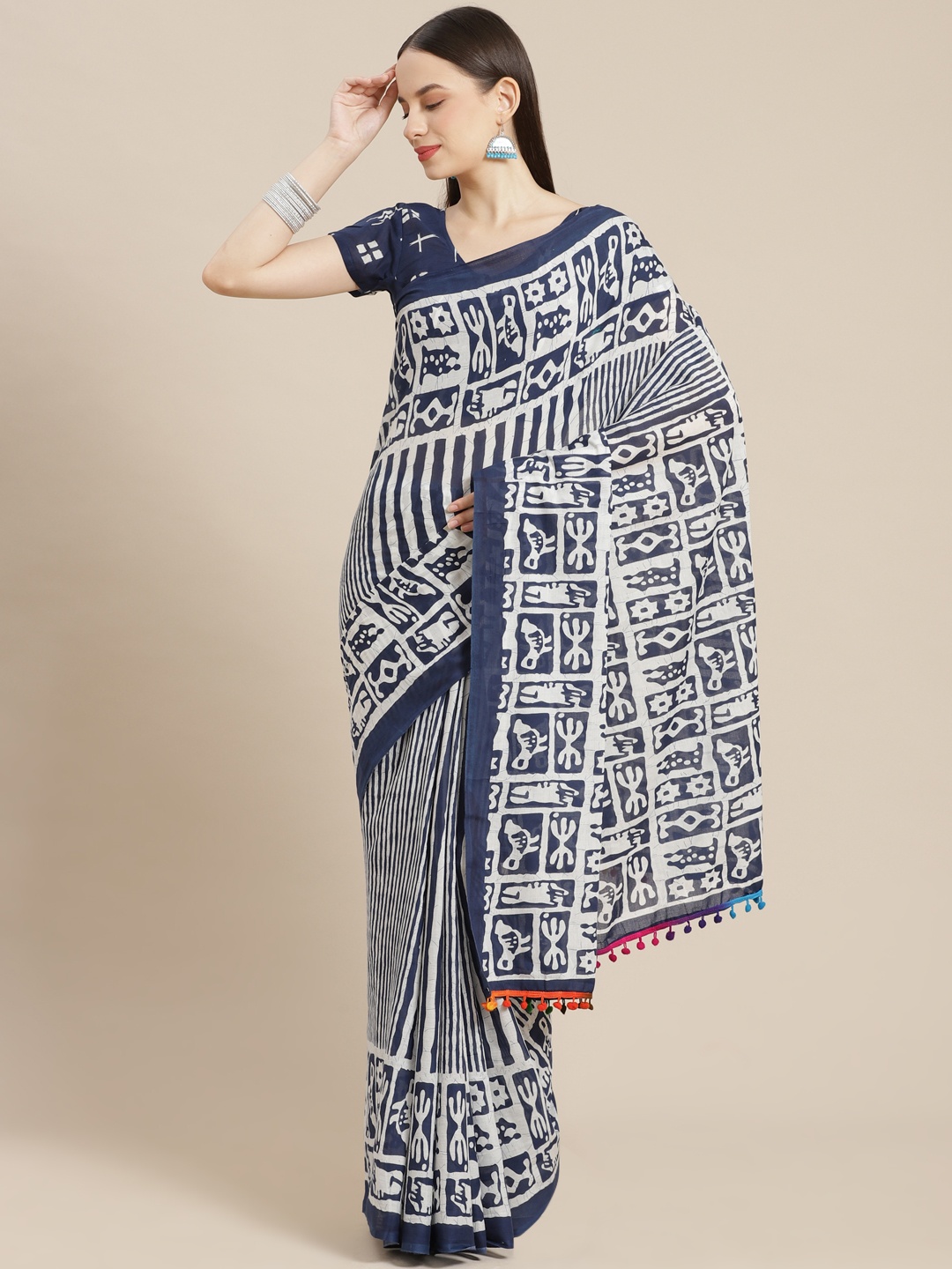 

mokshi Blue & White Ethnic Motifs Pure Cotton Saree