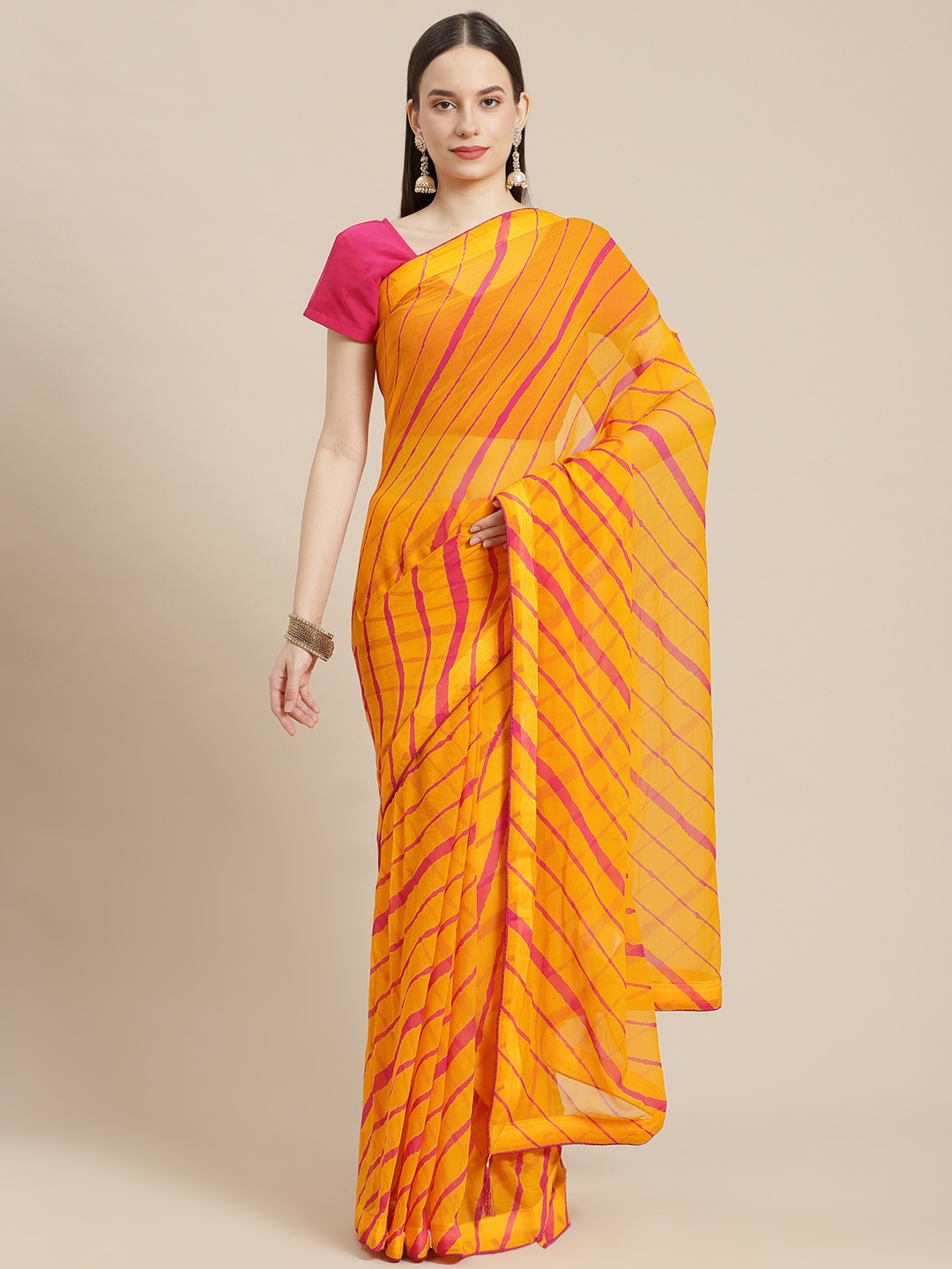 

mokshi Yellow & Pink Leheriya Pure Chiffon Leheriya Saree