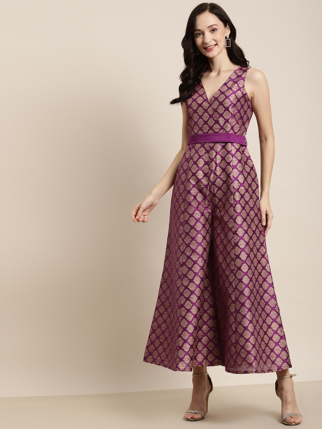 

Shae by SASSAFRAS Purple & Gold-Toned Printed Fabric-Belt Basic Jumpsuit