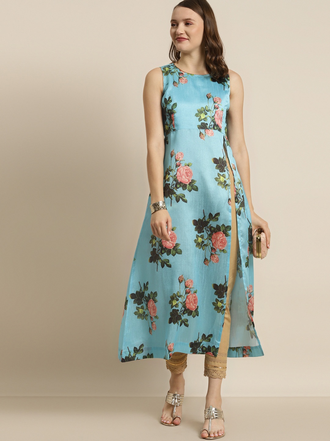 

Shae by SASSAFRAS Women Turquoise Blue & Peach-Coloured Floral Print High-Slit Kurta