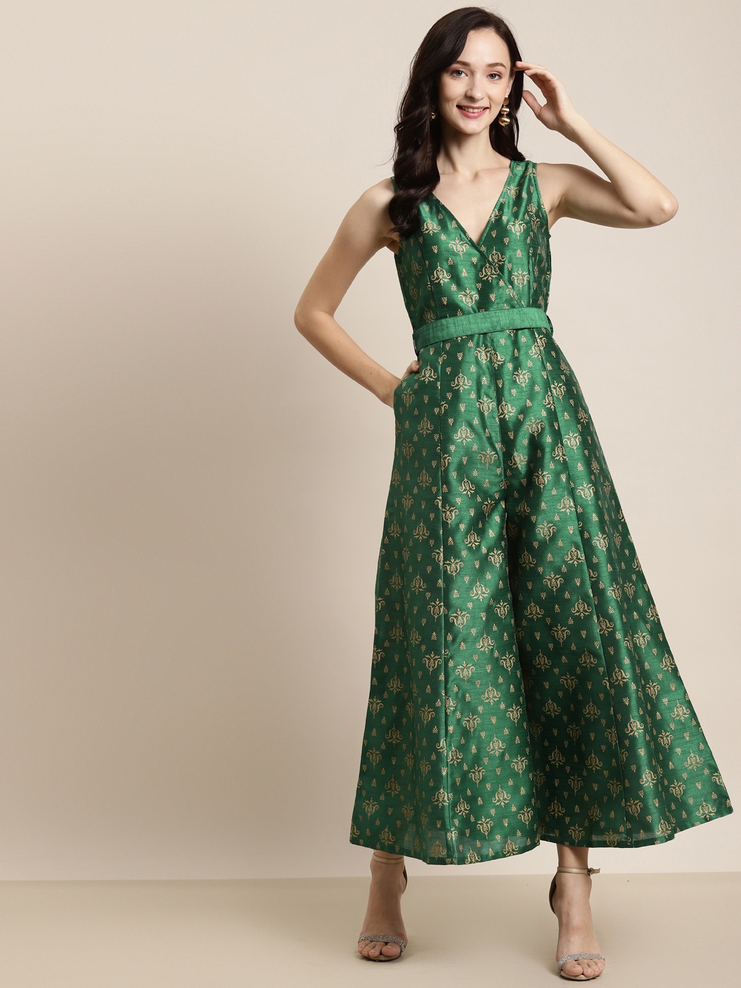 

Shae by SASSAFRAS Green & Gold-Toned Printed Fabric-Belt Basic Jumpsuit