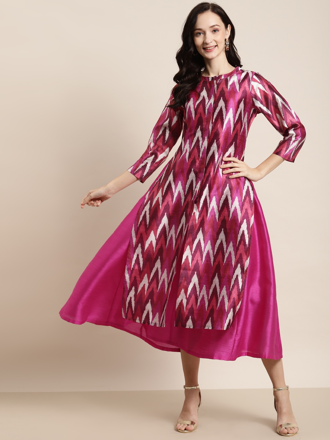 

Shae by SASSAFRAS Fuchsia & Peach-Coloured Ikat Printed Layered Midi Dress
