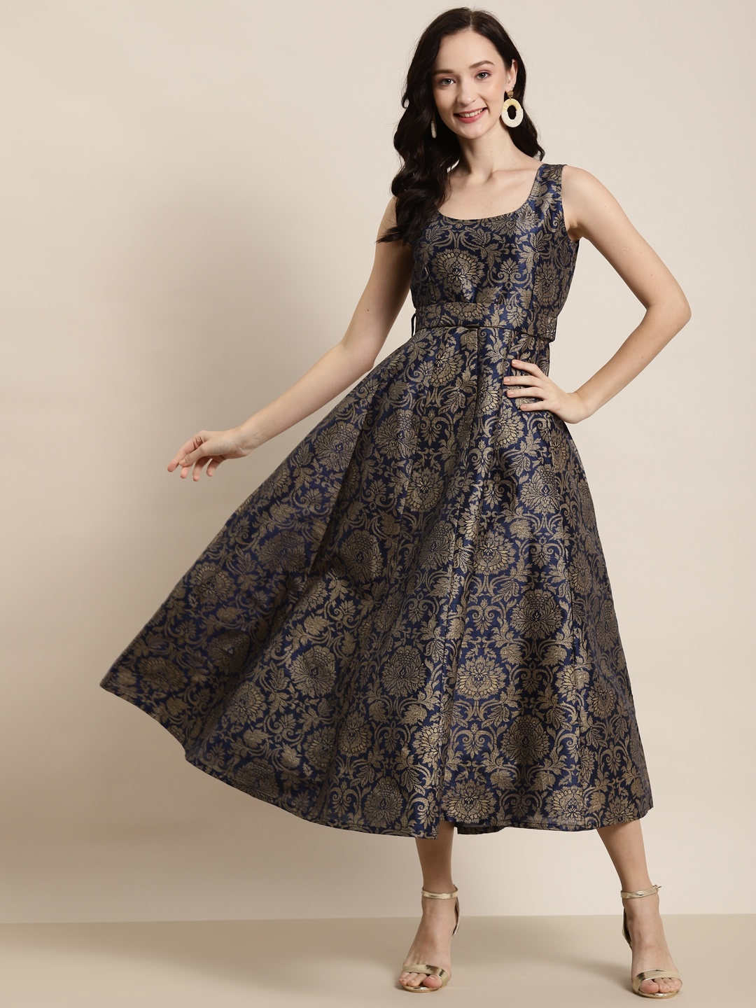 

Shae by SASSAFRAS Navy Blue & Gold-Toned Floral Self -Belt Jacquard Maxi Dress