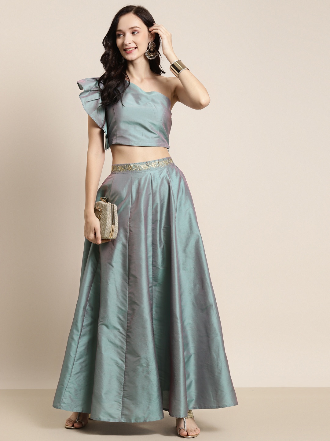 

Shae by SASSAFRAS Women Green Solid Anarkali Skirt With Embroidered Waistband