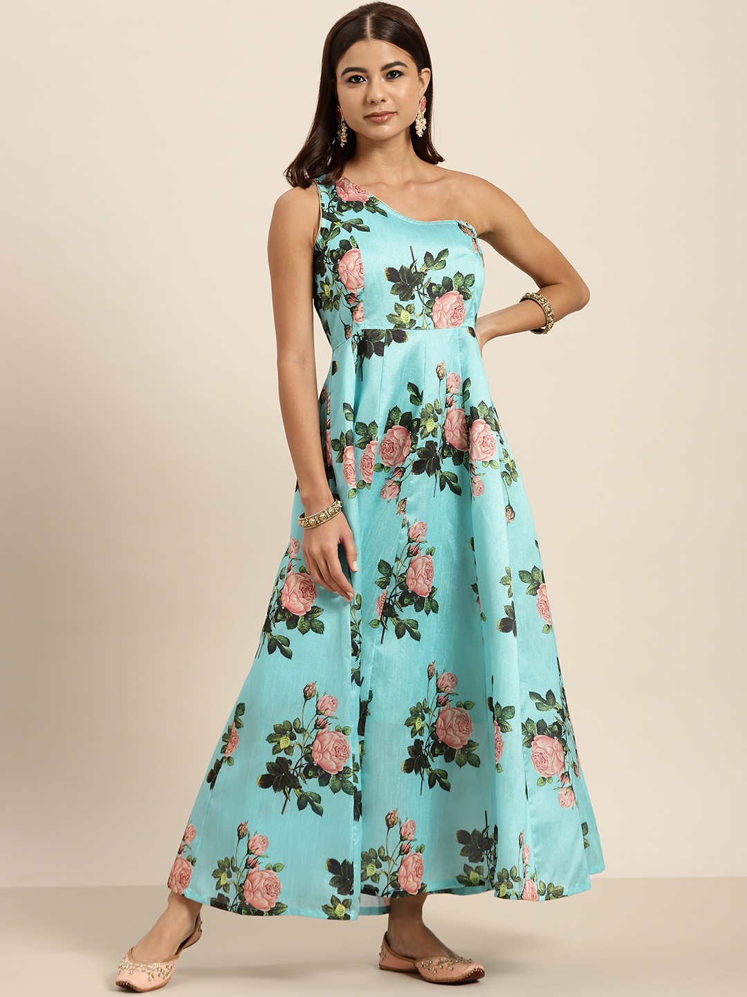 

Shae by SASSAFRAS Blue & Peach-Coloured Floral Print One Shoulder Maxi Dress