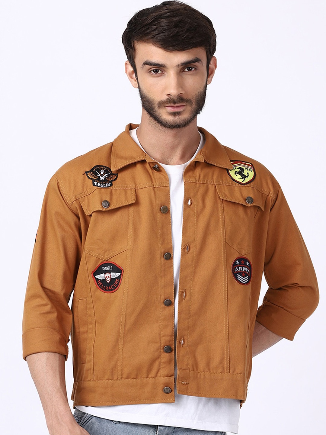 

VOXATI Men Mustard Denim Jacket with Patchwork
