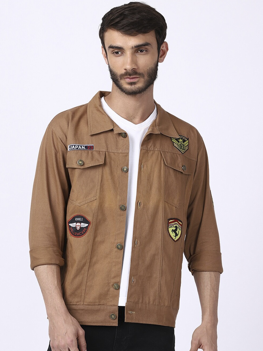 

VOXATI Men Khaki Denim Jacket with Patchwork