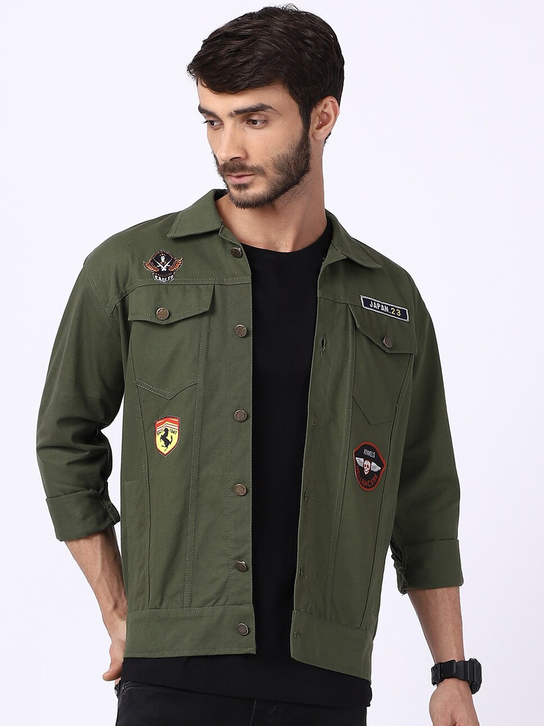 

VOXATI Men Olive Green Denim Jacket with Patchwork