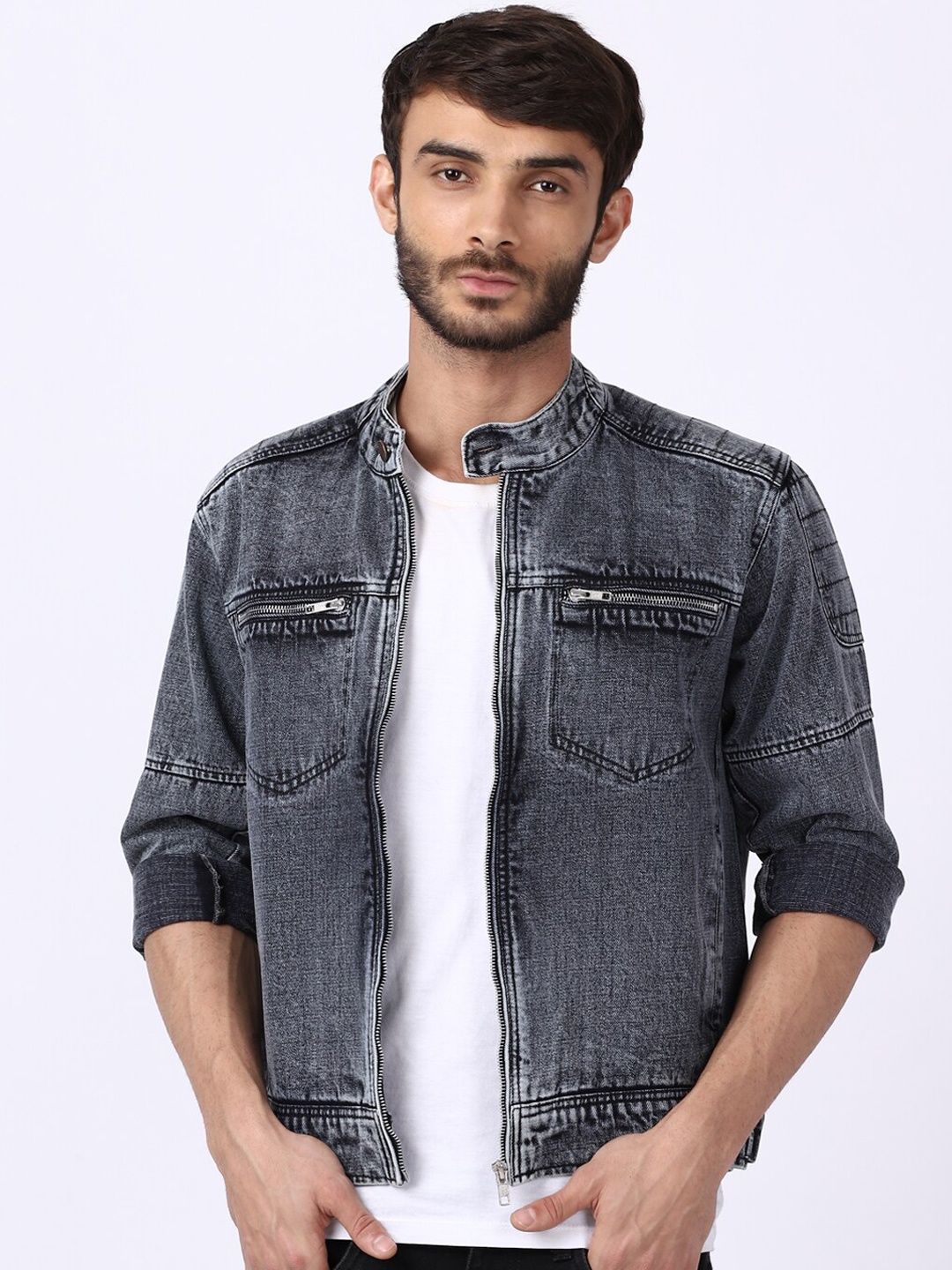 

VOXATI Men Grey Washed Denim Jacket