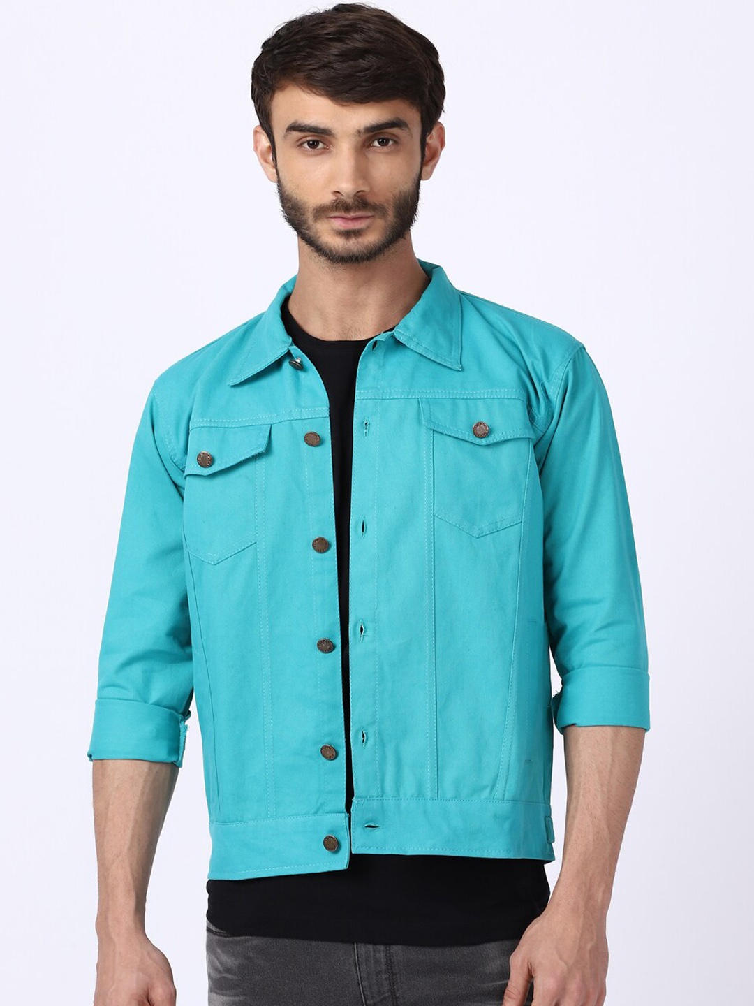 

VOXATI Men Turquoise Blue Denim Jacket