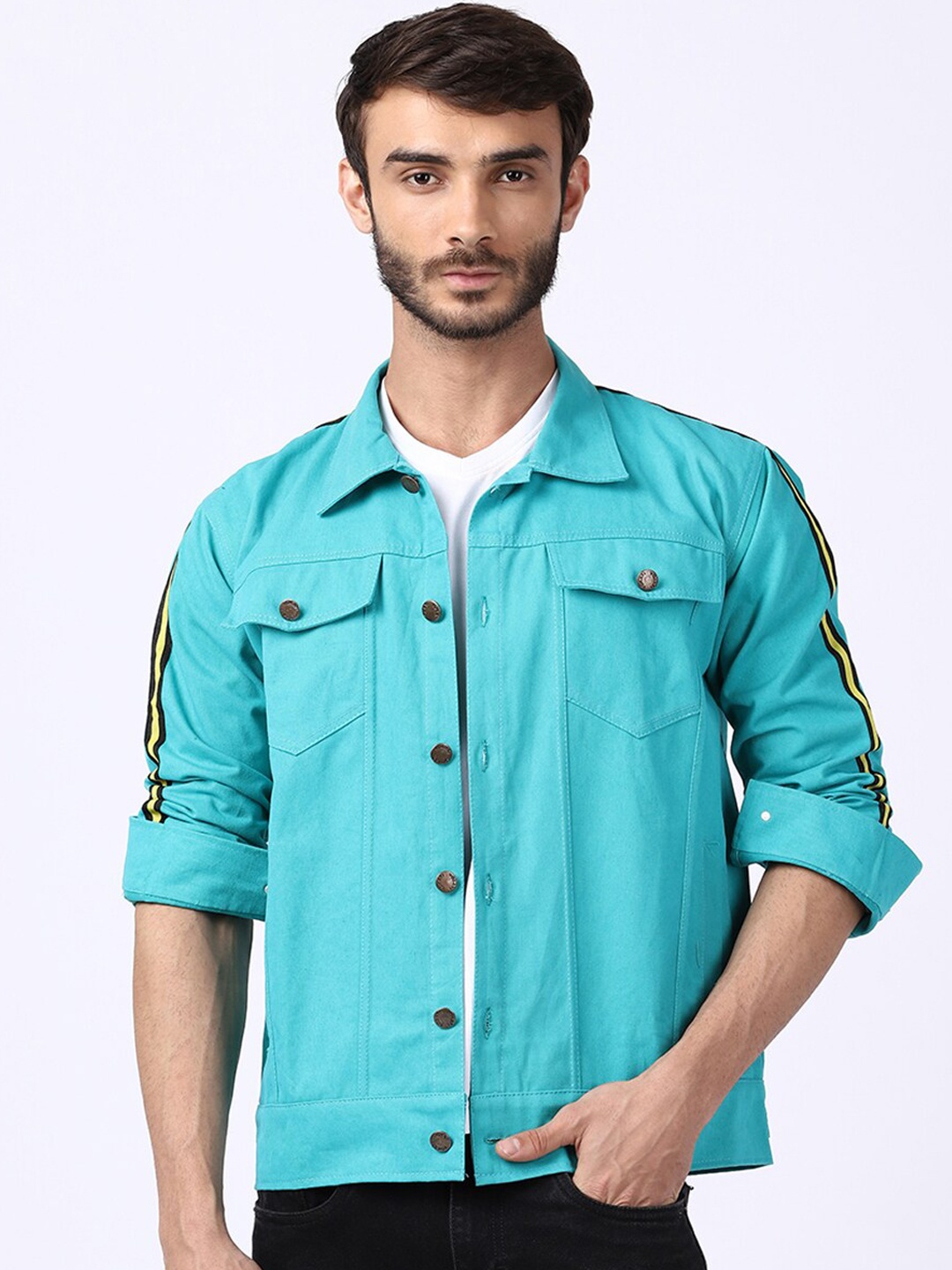 

VOXATI Men Turquoise Blue Denim Jacket