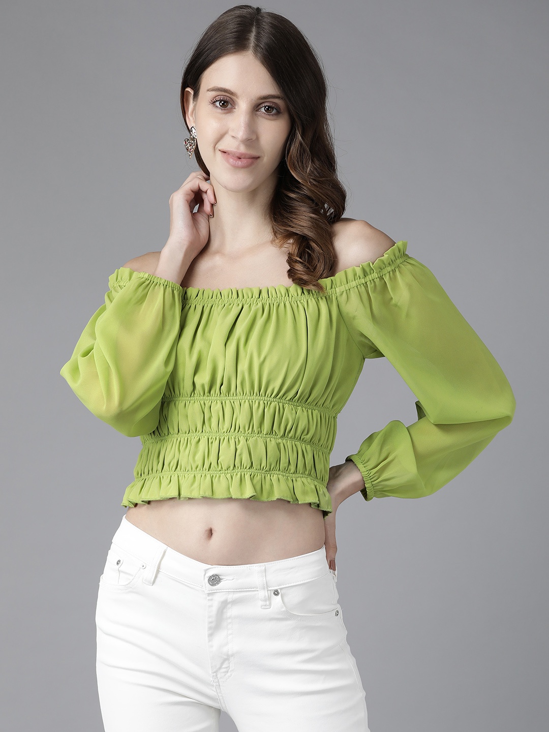 

KASSUALLY Lime Green Off-Shoulder Smocked Georgette Tank Crop Top