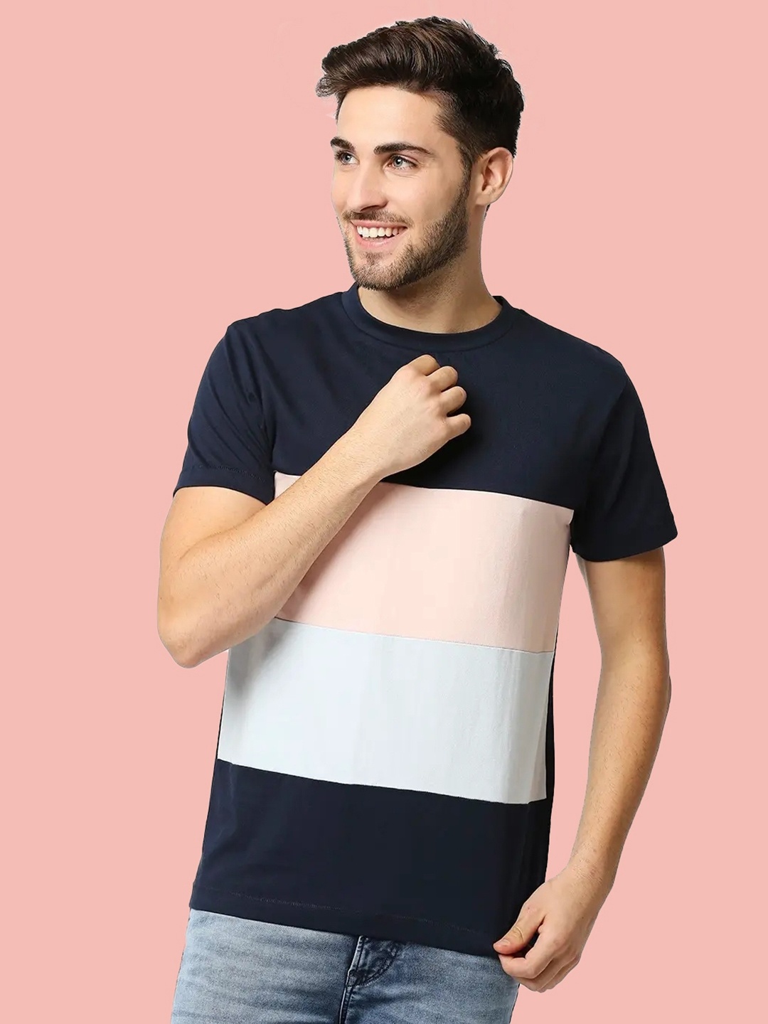 

Bewakoof Men Blue & Pink Colourblocked Cotton T-shirt