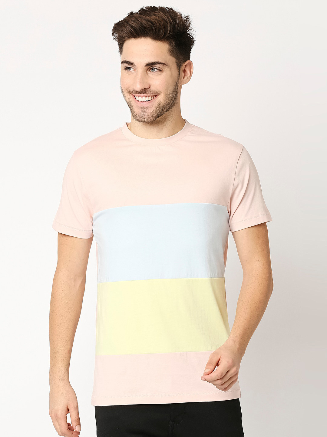 

Bewakoof Men Pink & Blue Colourblocked T-shirt
