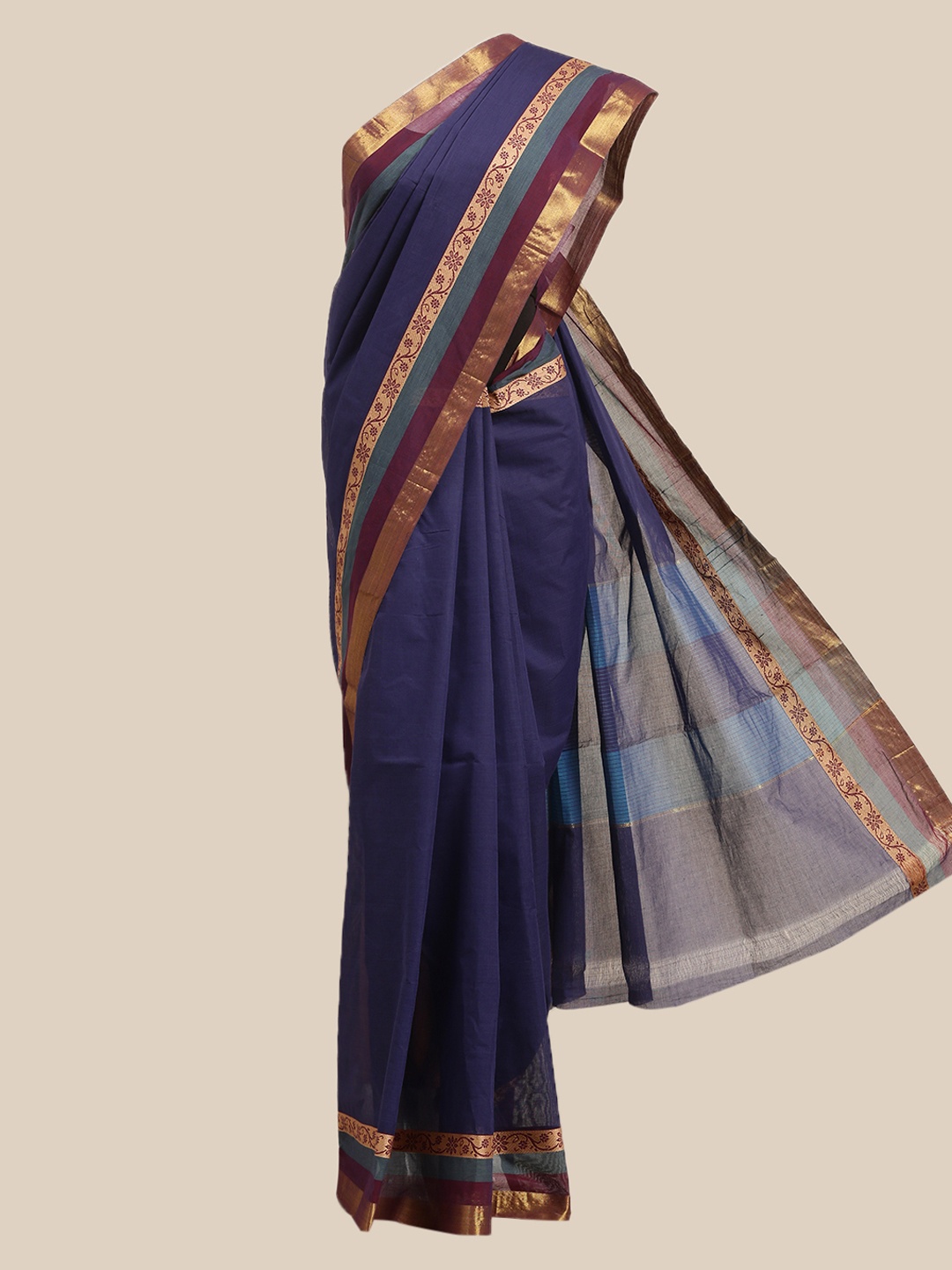 

The Chennai Silks Navy Blue & Gold-Toned Zari Pure Cotton Saree