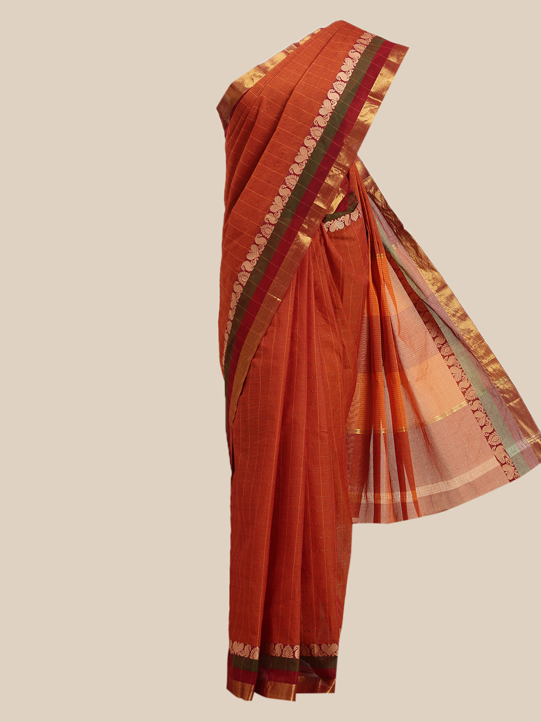 

The Chennai Silks Orange Checked Zari Pure Cotton Saree