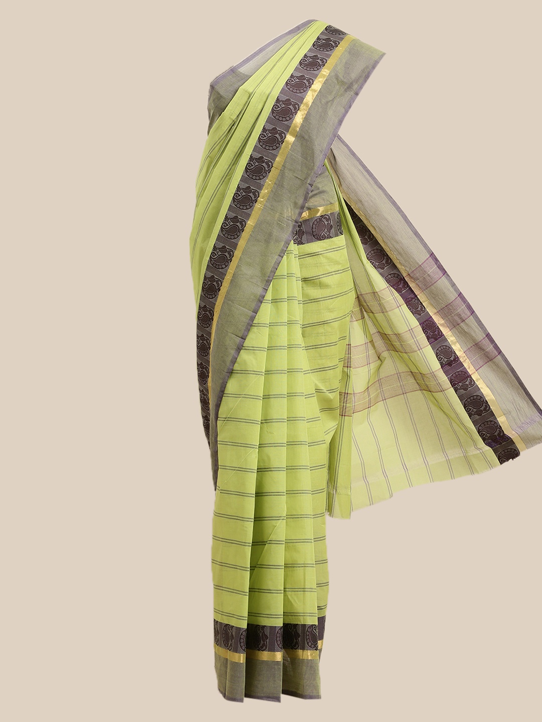 

The Chennai Silks Green & Purple Striped Zari Pure Cotton Saree