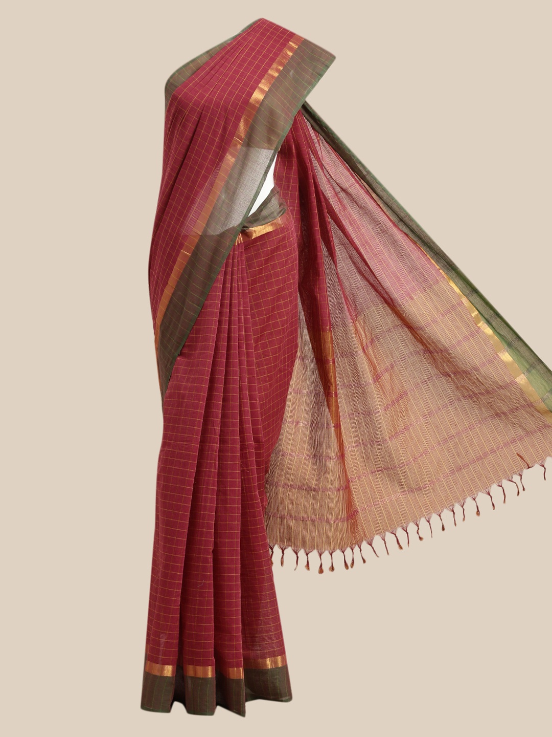 

The Chennai Silks Maroon & Green Checked Zari Pure Cotton Saree