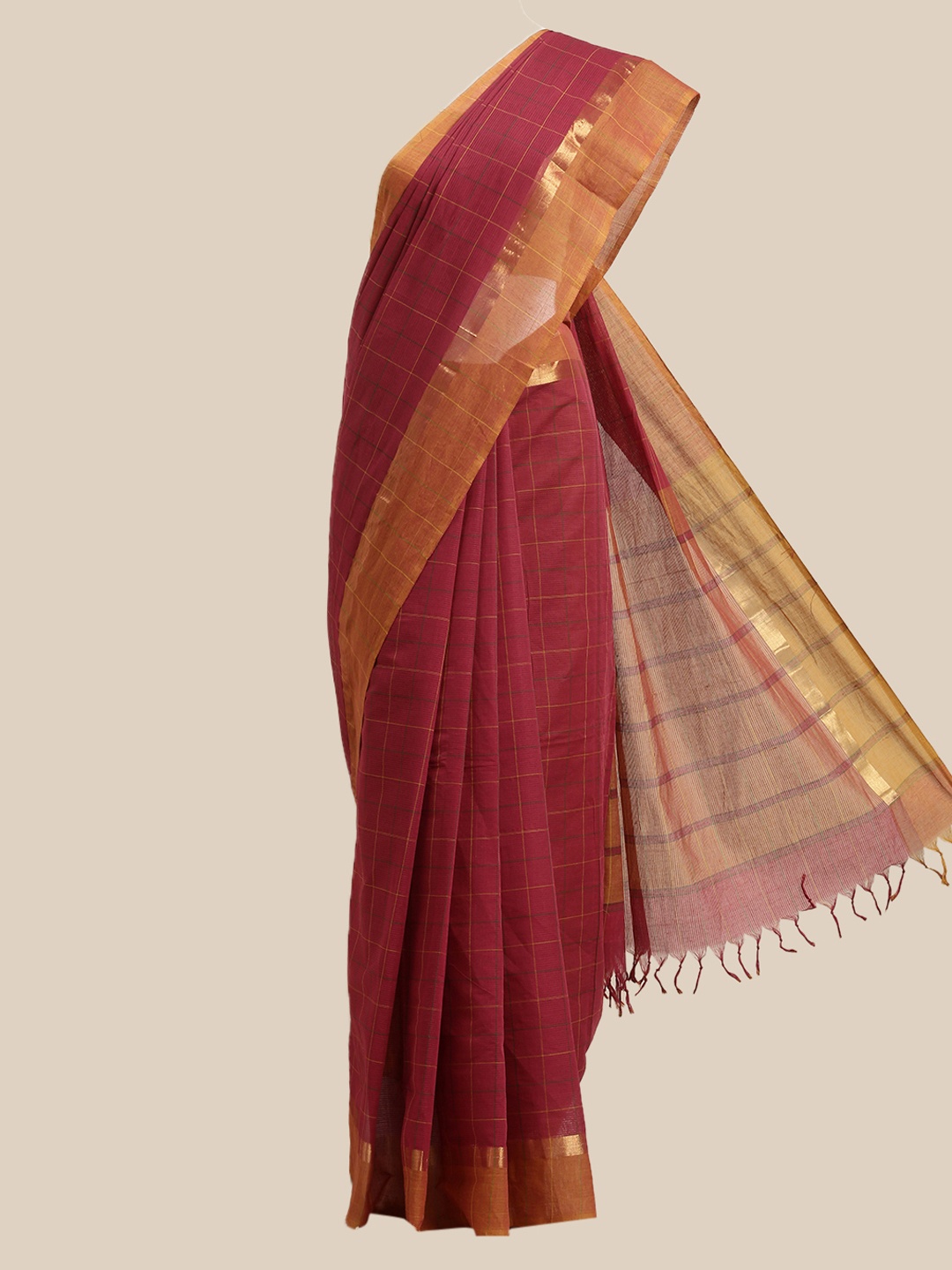 

The Chennai Silks Maroon & Yellow Checked Zari Pure Cotton Saree