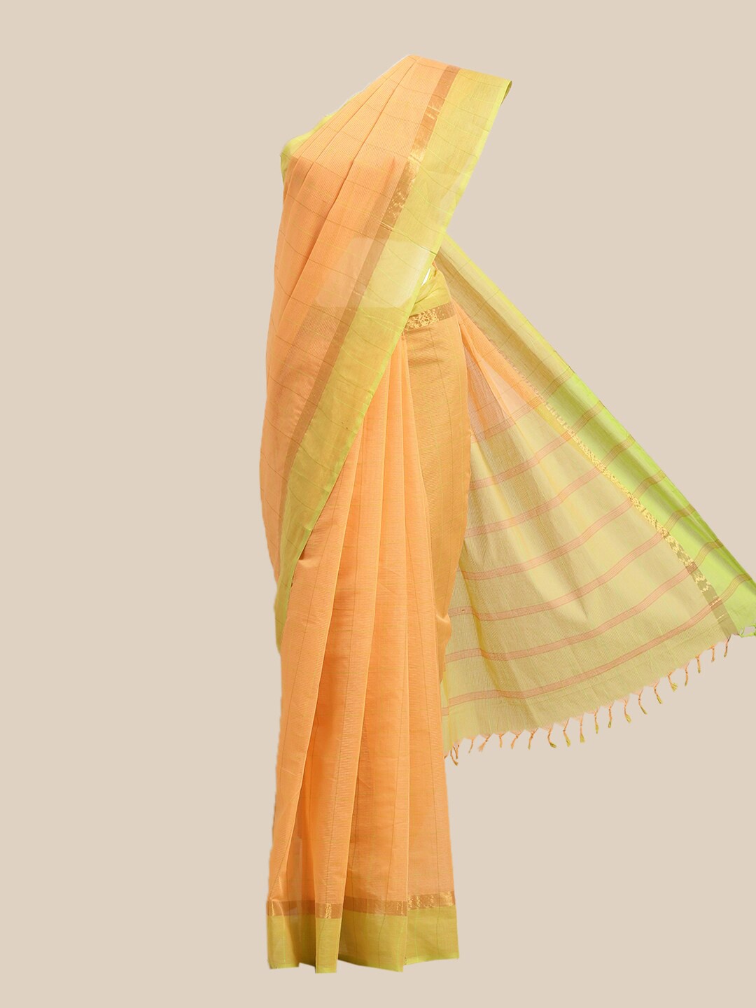 

The Chennai Silks Orange & Green Checked Pure Cotton Saree