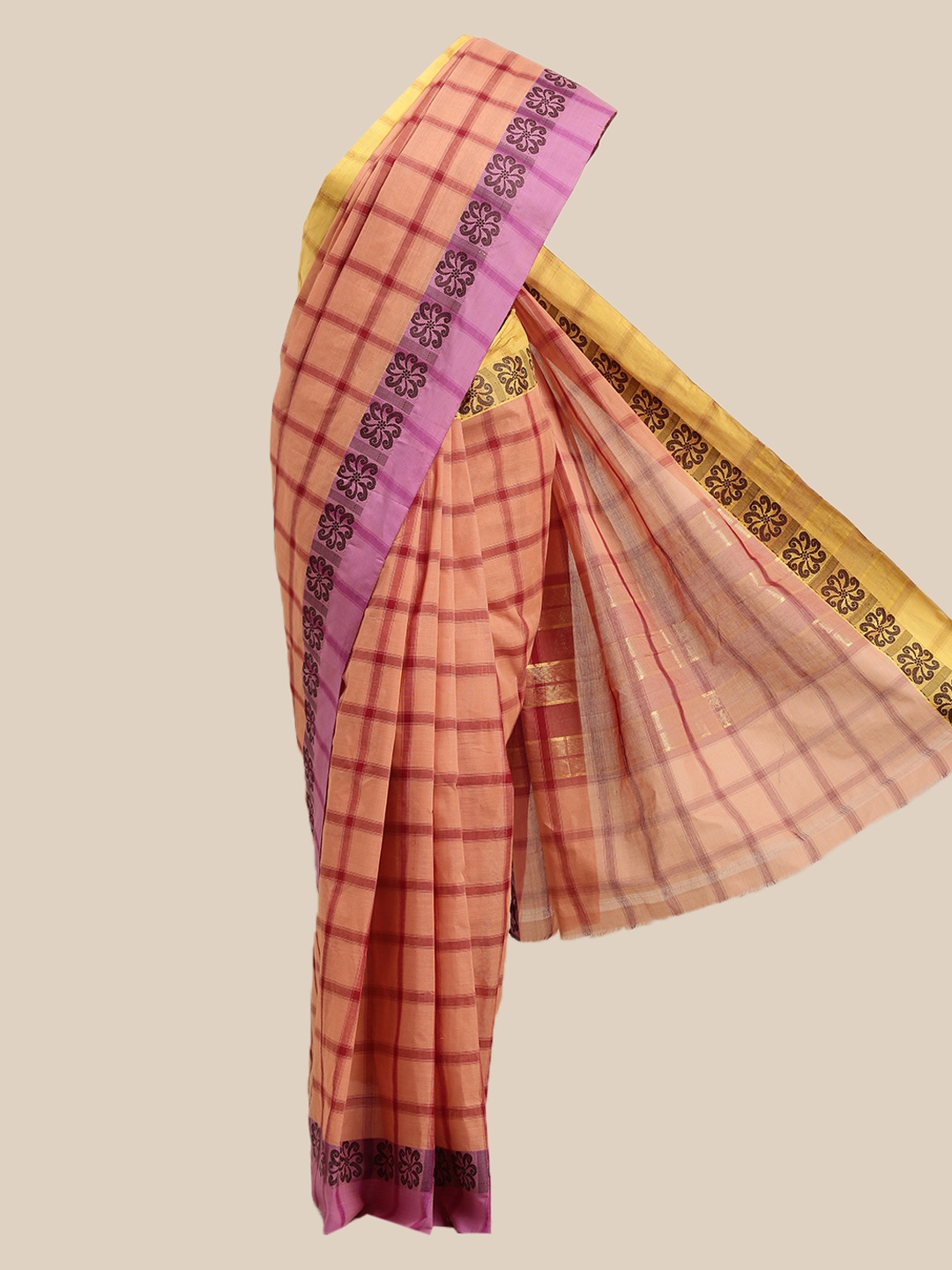 

The Chennai Silks Orange & Purple Checked Pure Cotton Saree