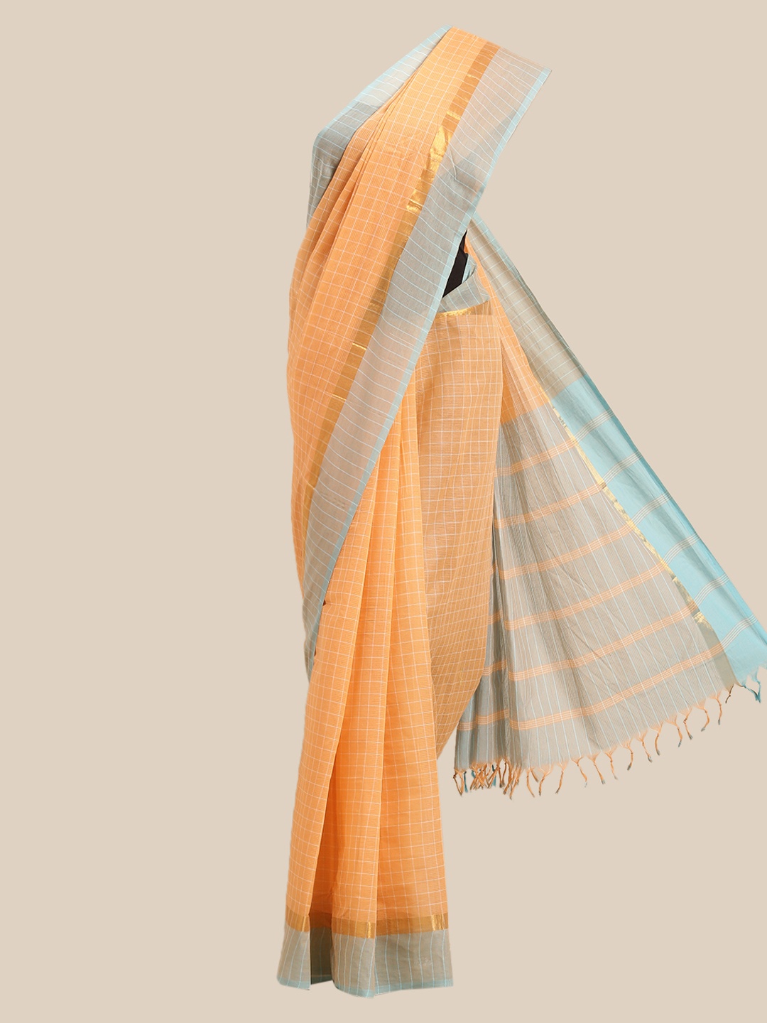 

The Chennai Silks Orange & Teal Checked Pure Cotton Saree