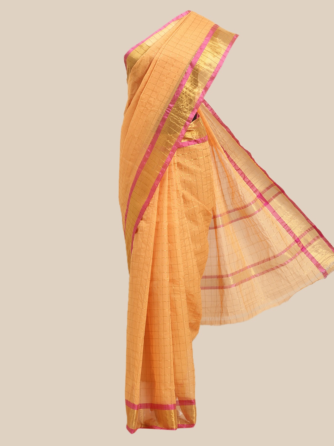 

The Chennai Silks Yellow & Magenta Checked Zari Pure Cotton Venkatgiri Saree