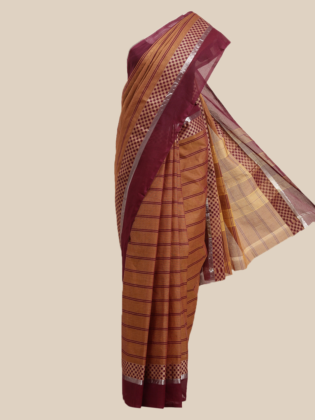 

The Chennai Silks Brown & Burgundy Striped Zari Pure Cotton Saree