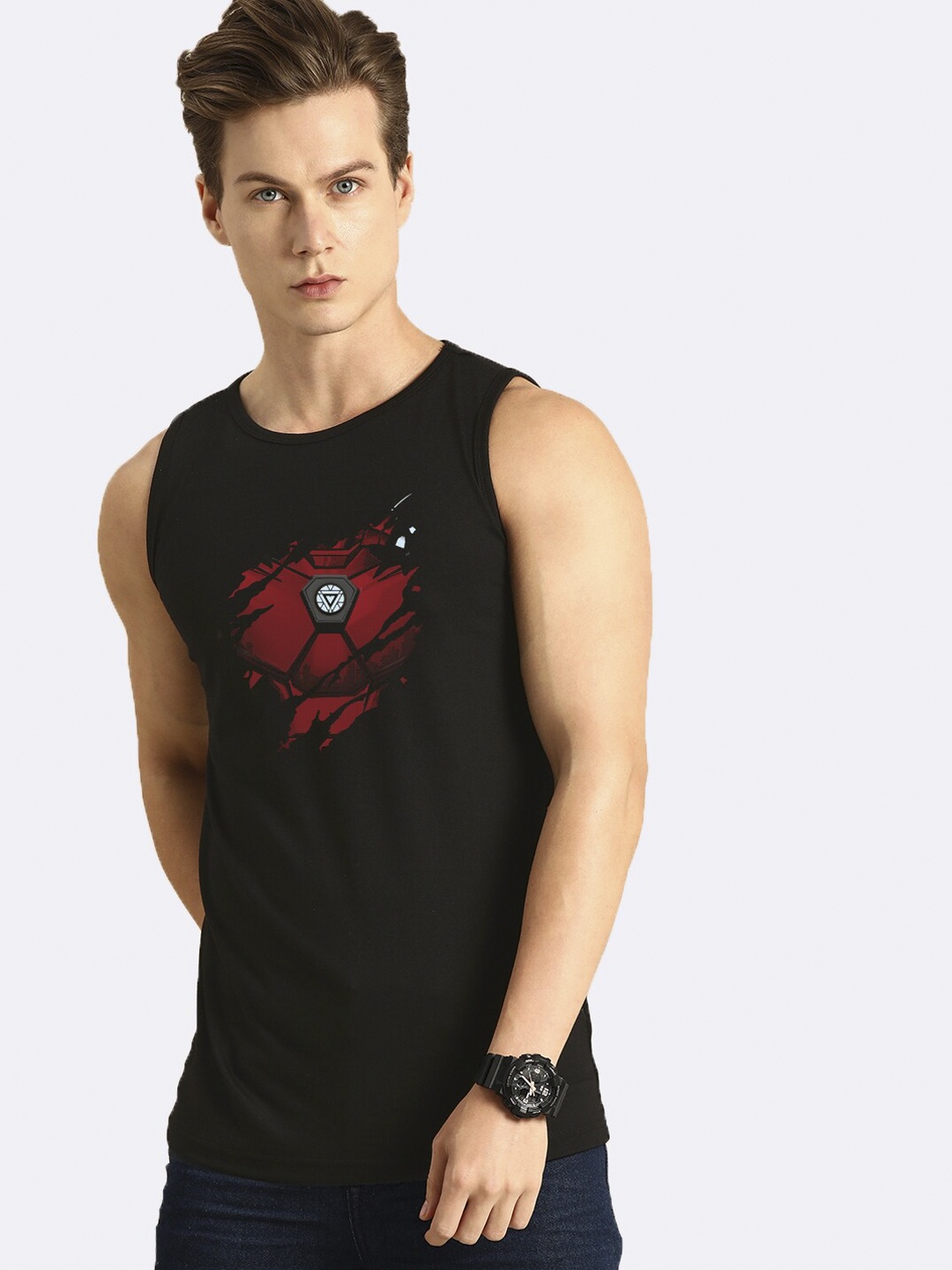 

Bewakoof Men Black & Maroon Iron Man Printed Cotton Innerwear Vest