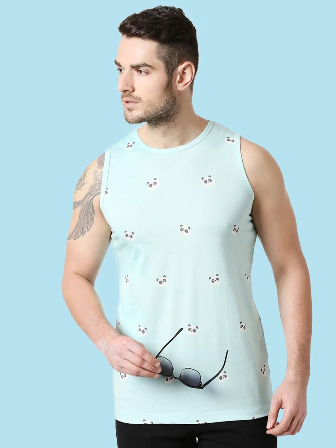 

Bewakoof Men Blue & White Panda Printed Cotton Gym Vest