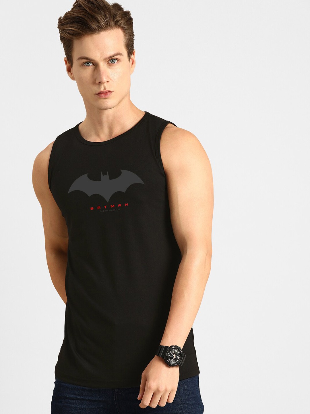 

Bewakoof Men Black & Grey Printed Batman Cotton Innerwear Vest