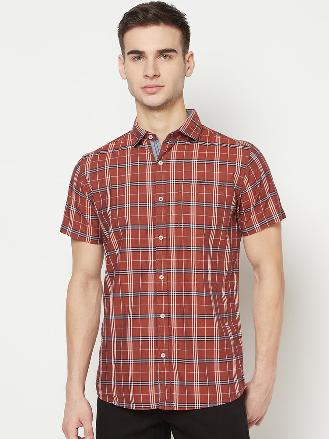 

METTLE Men Rust Brown & Pink Tartan Checks Opaque Cotton Casual Shirt