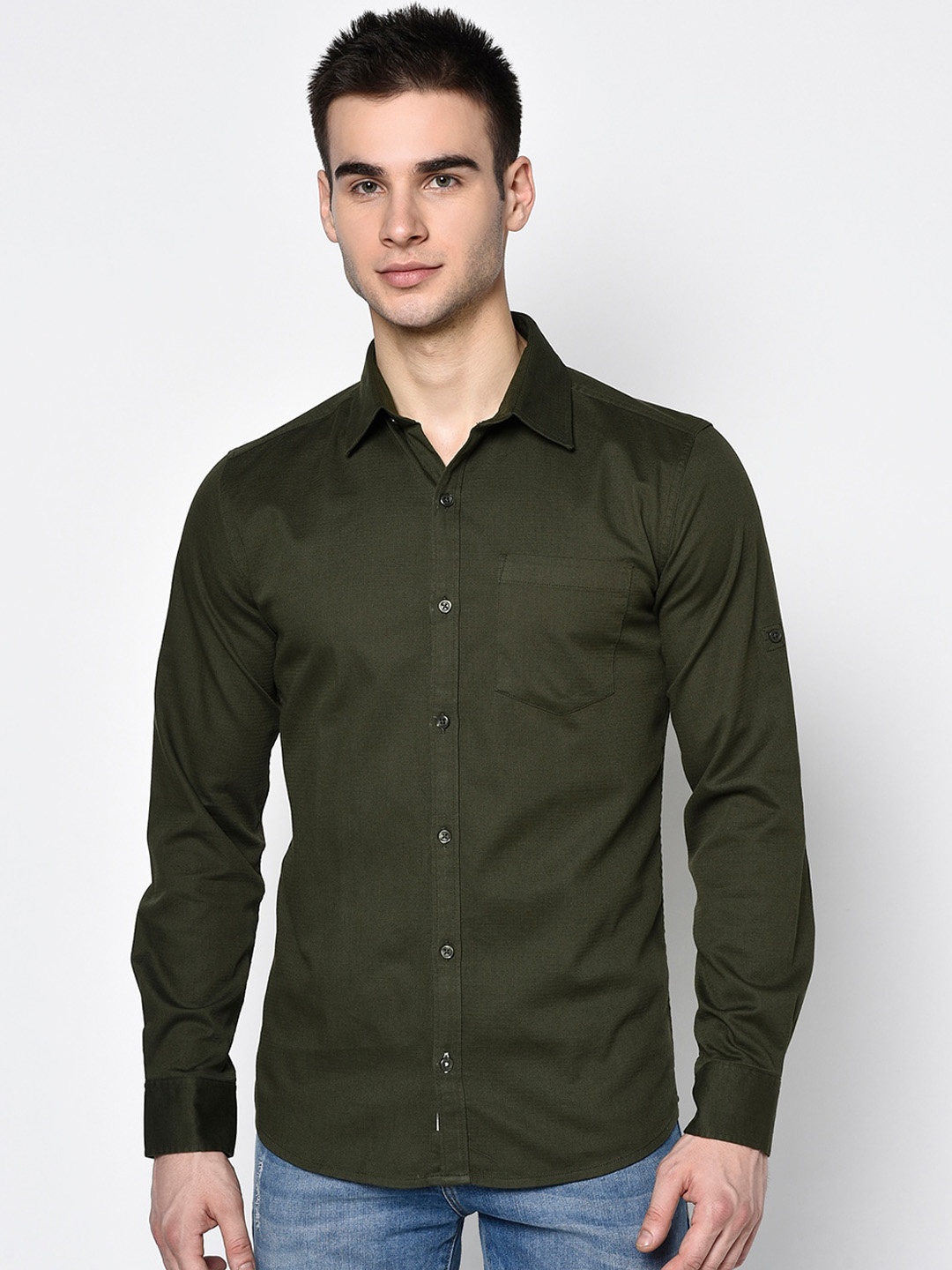 

METTLE Men Olive Green Opaque Cotton Casual Shirt