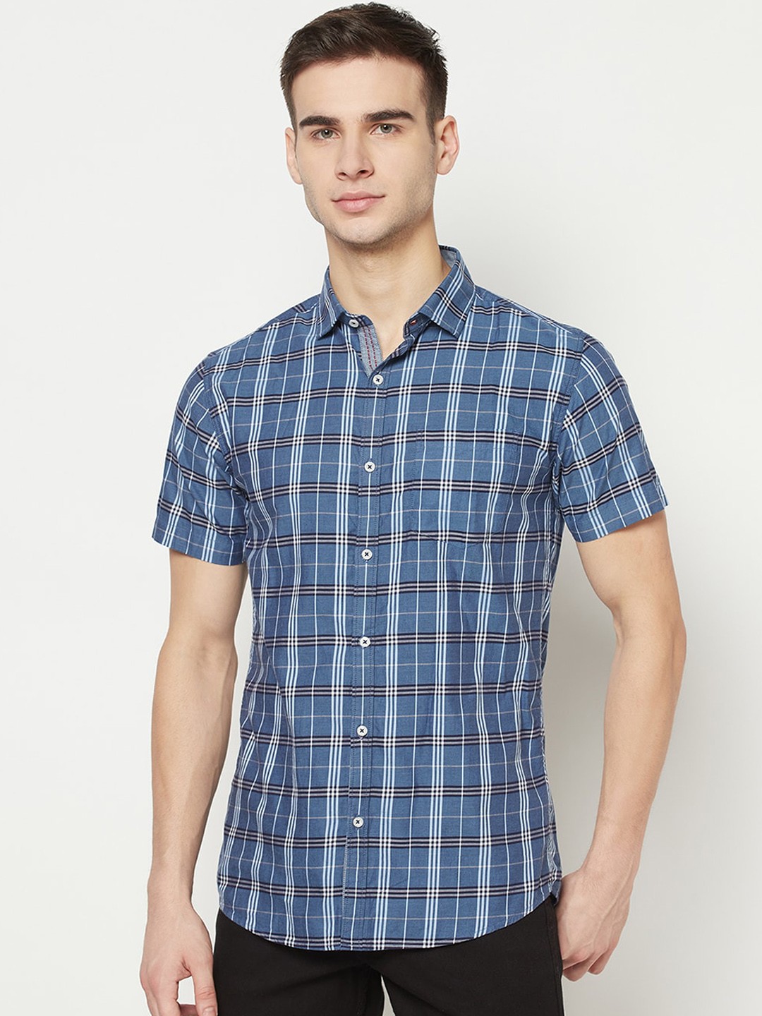 

METTLE Men Blue Tartan Checks Opaque Checked Cotton Casual Shirt