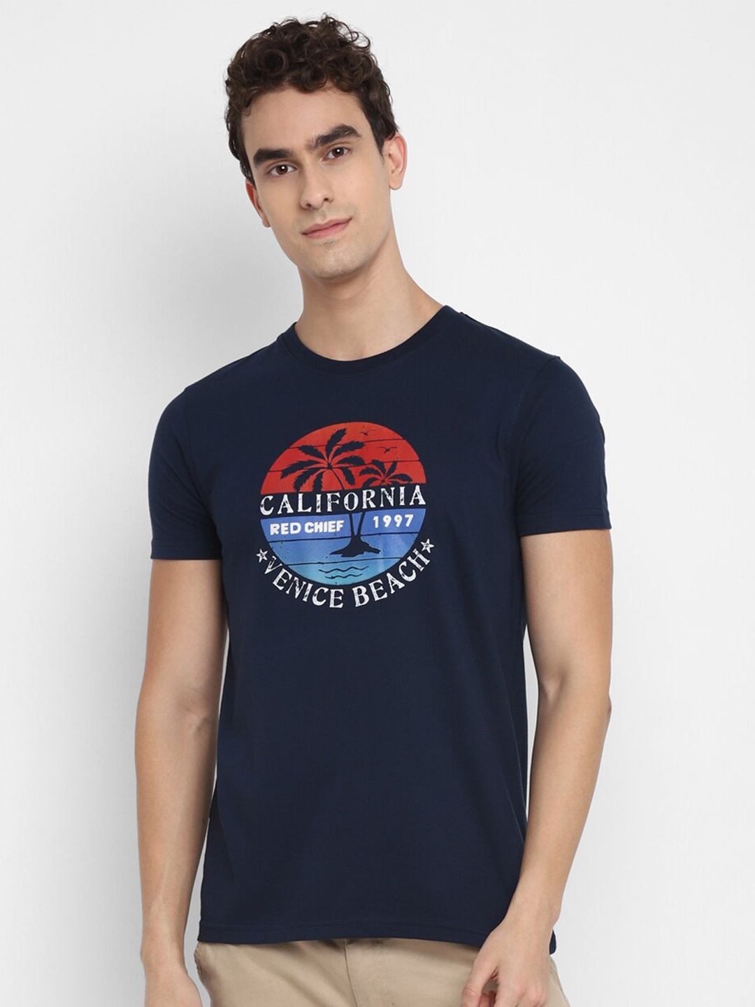 Red Chief Men Navy Blue Typography Printed T-shirt