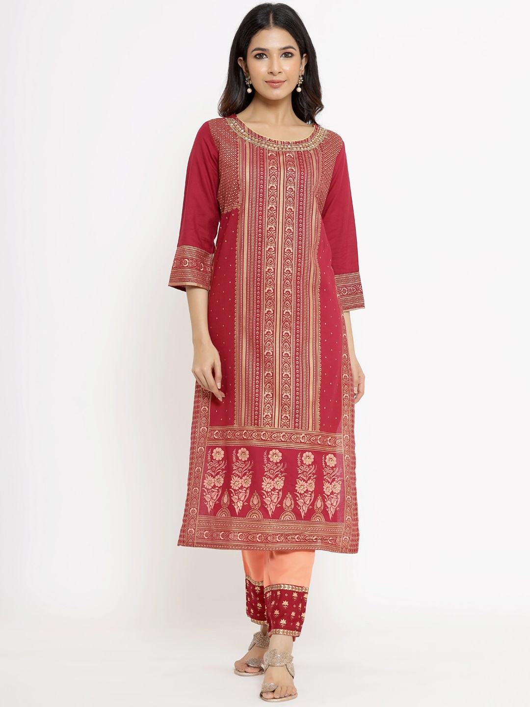 

UNISETS Women Maroon Ethnic Motifs Printed Regular Kurta with Palazzos