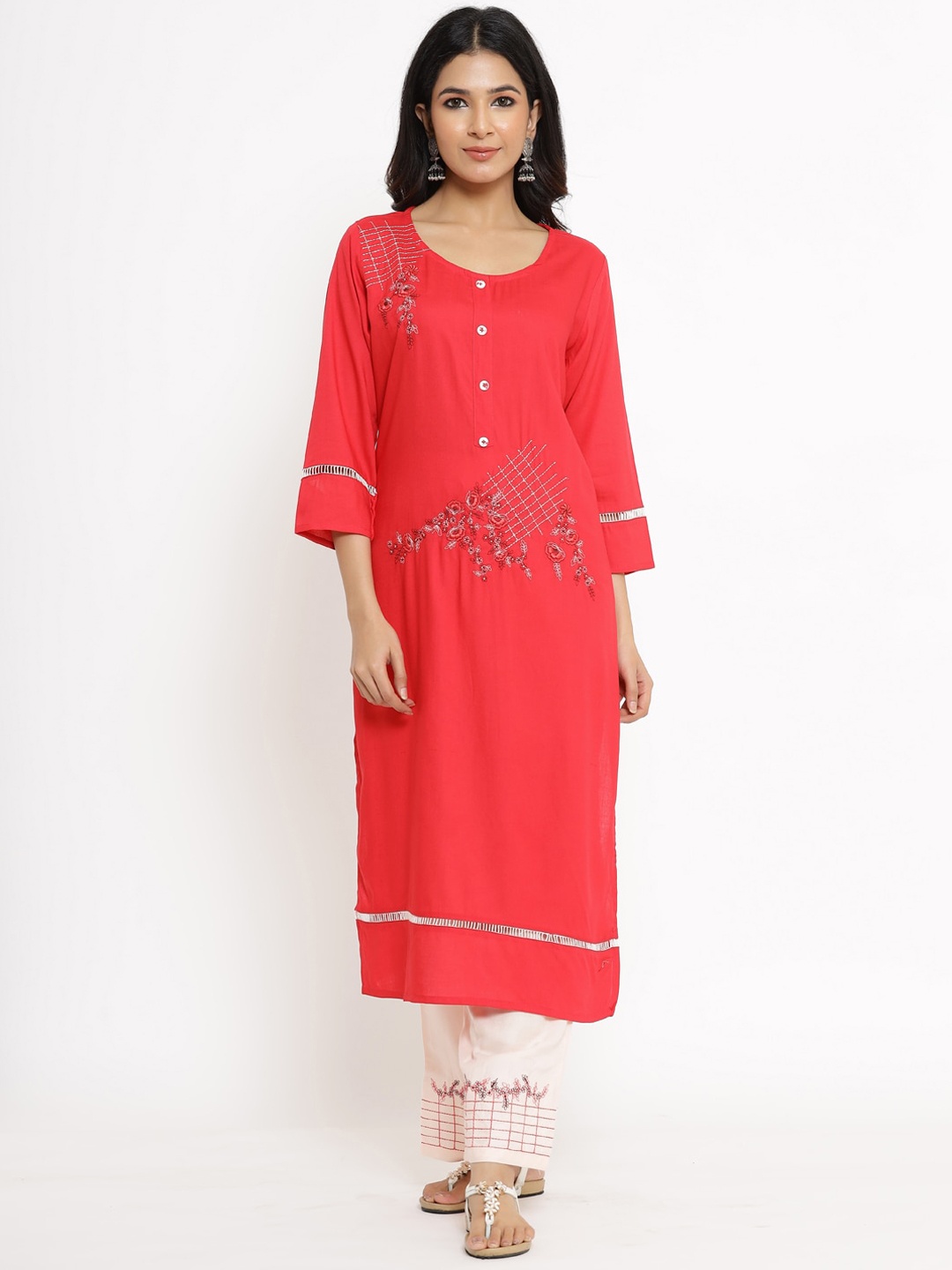 

UNISETS Women Red Floral Kurta with Palazzos