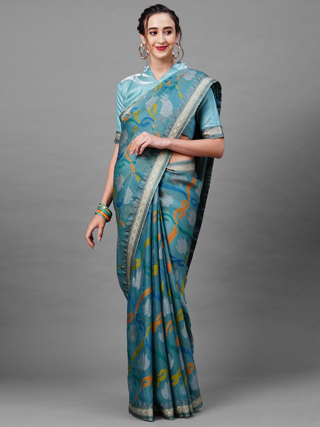 

Mitera Blue & Grey Floral Zari Brasso Saree