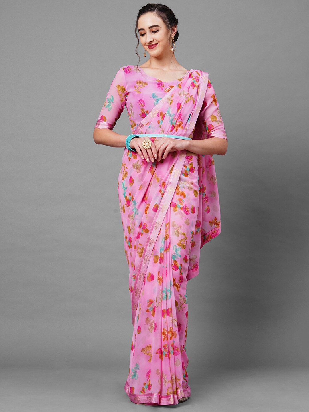 

Mitera Pink & Red Floral Zari Saree