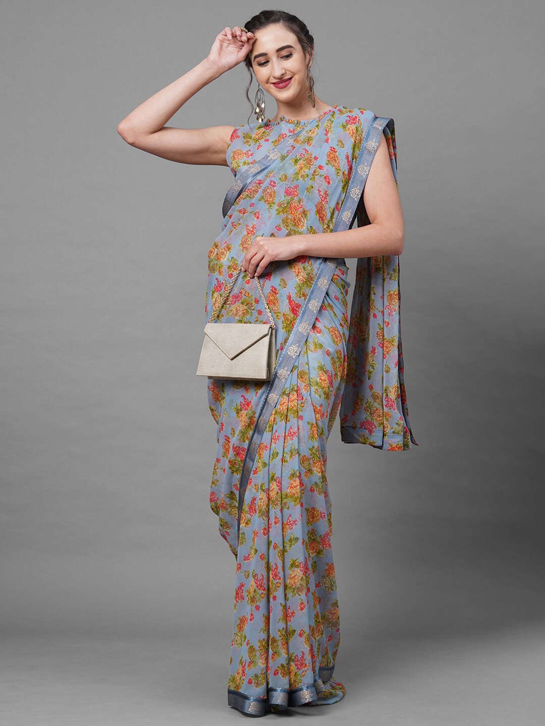 

Mitera Grey & Pink Floral Saree