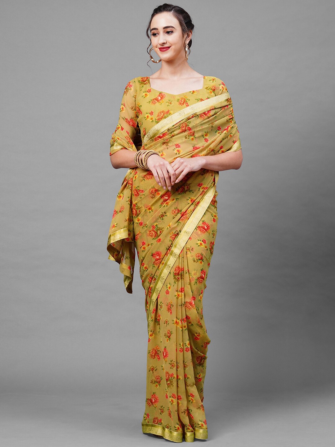 

Mitera Olive Green & Yellow Floral Saree