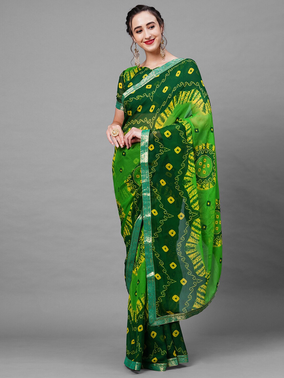

Mitera Green & Yellow Bandhani Saree