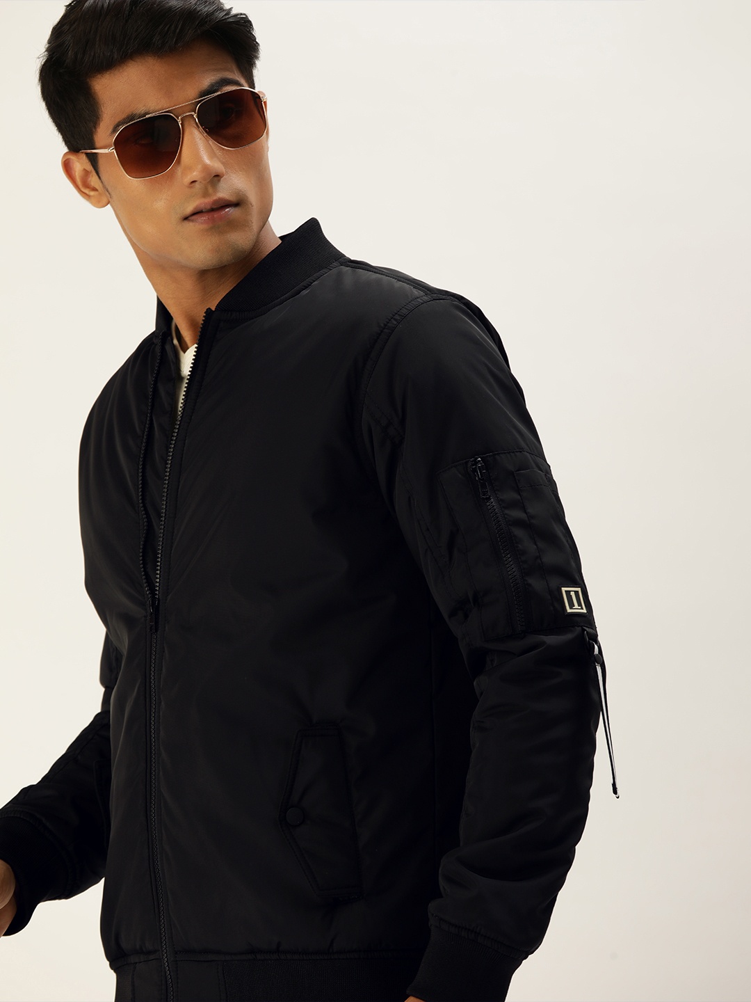 

SINGLE Men Black Solid Slim Fit Bomber Jacket