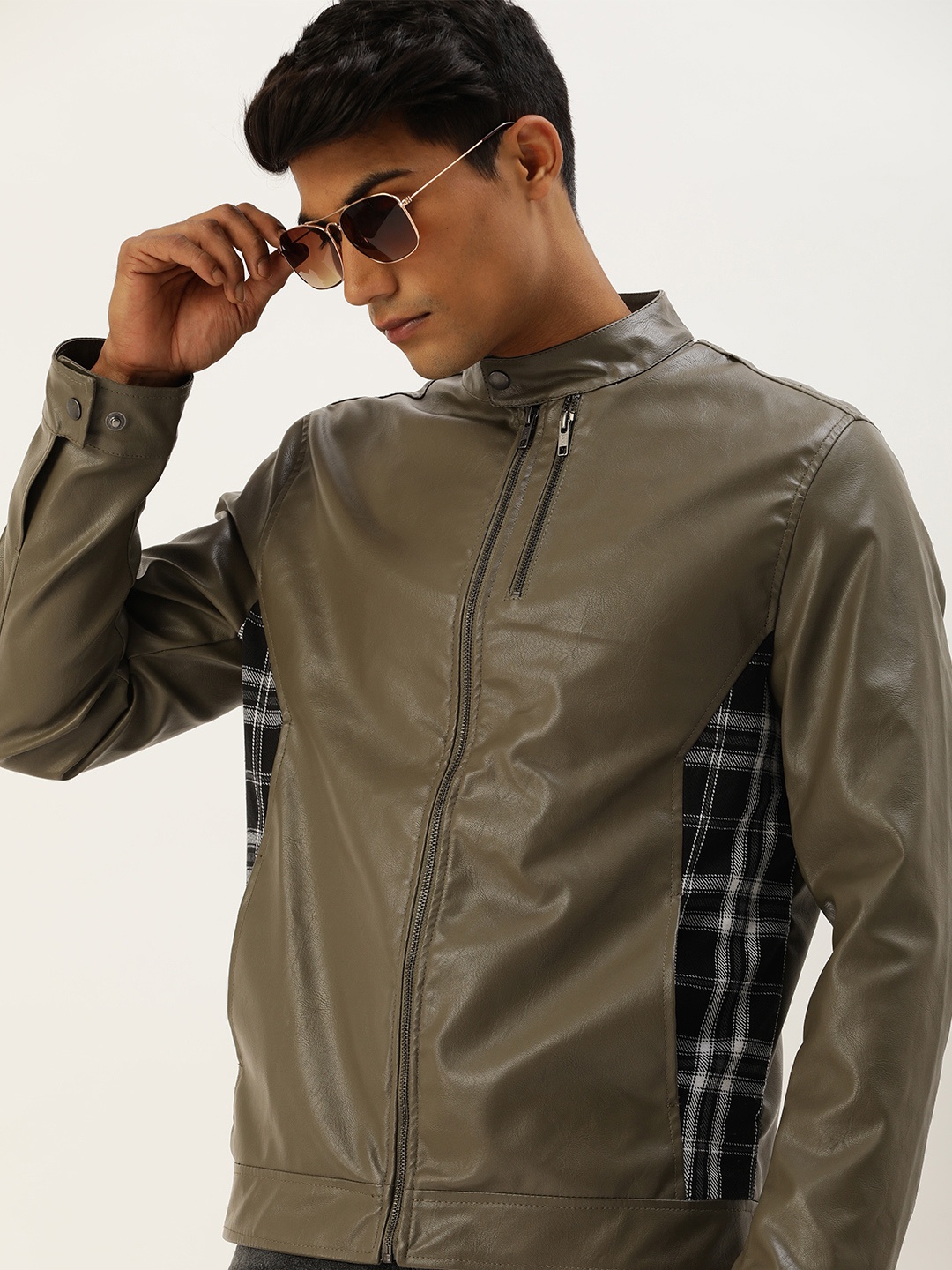 

SINGLE Men Olive Brown PU Biker Jacket