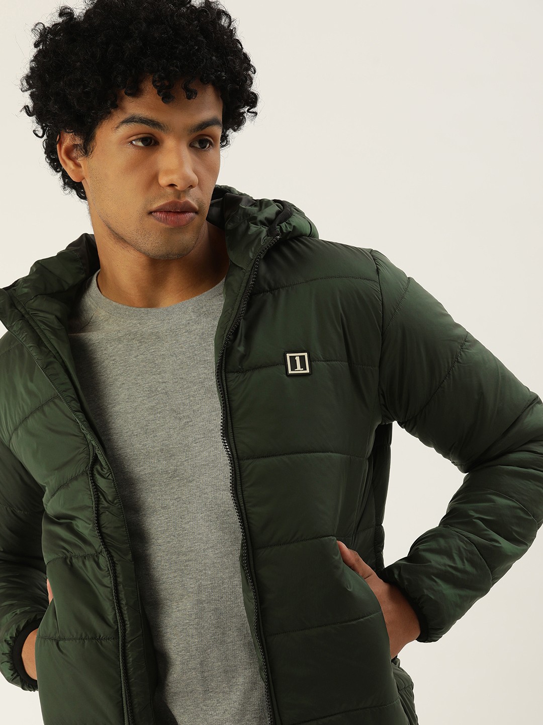 

SINGLE Men Olive Green Solid Hooded Casual Padded Jacket